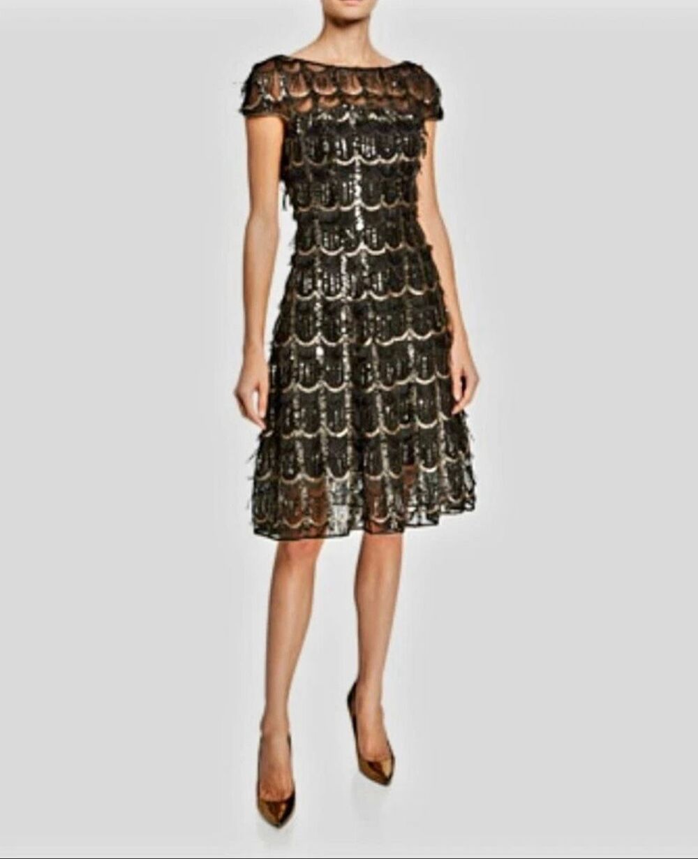 Talbot Runhof Flapper Dress Black Gold Sequin Lace Cocktail Size 6